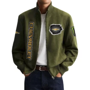Chevrolet Men's Suede Bomber Jackets Stand Collar Long Sleeve Dressy Pockets