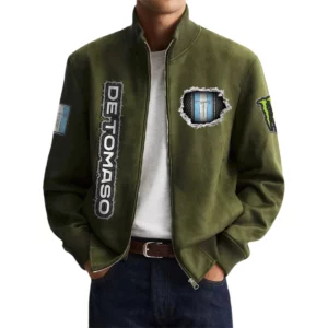 De Tomaso Men's Suede Bomber Jackets Stand Collar Long Sleeve Dressy Pockets