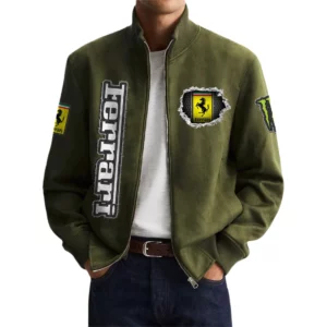 Ferrari Men's Suede Bomber Jackets Stand Collar Long Sleeve Dressy Pockets