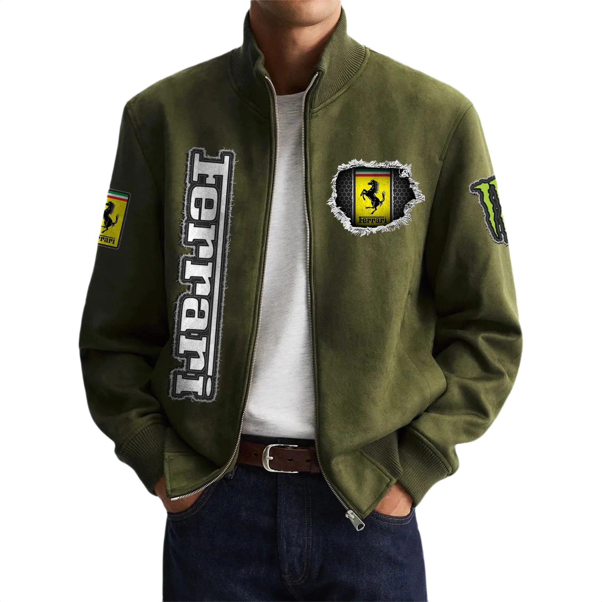 Ferrari Men's Suede Bomber Jackets Stand Collar Long Sleeve Dressy Pockets Ferrari Men's Suede Bomber Jackets Stand Collar Long Sleeve Dressy Pockets