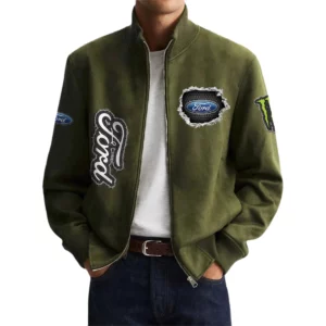 Ford Men's Suede Bomber Jackets Stand Collar Long Sleeve Dressy Pockets