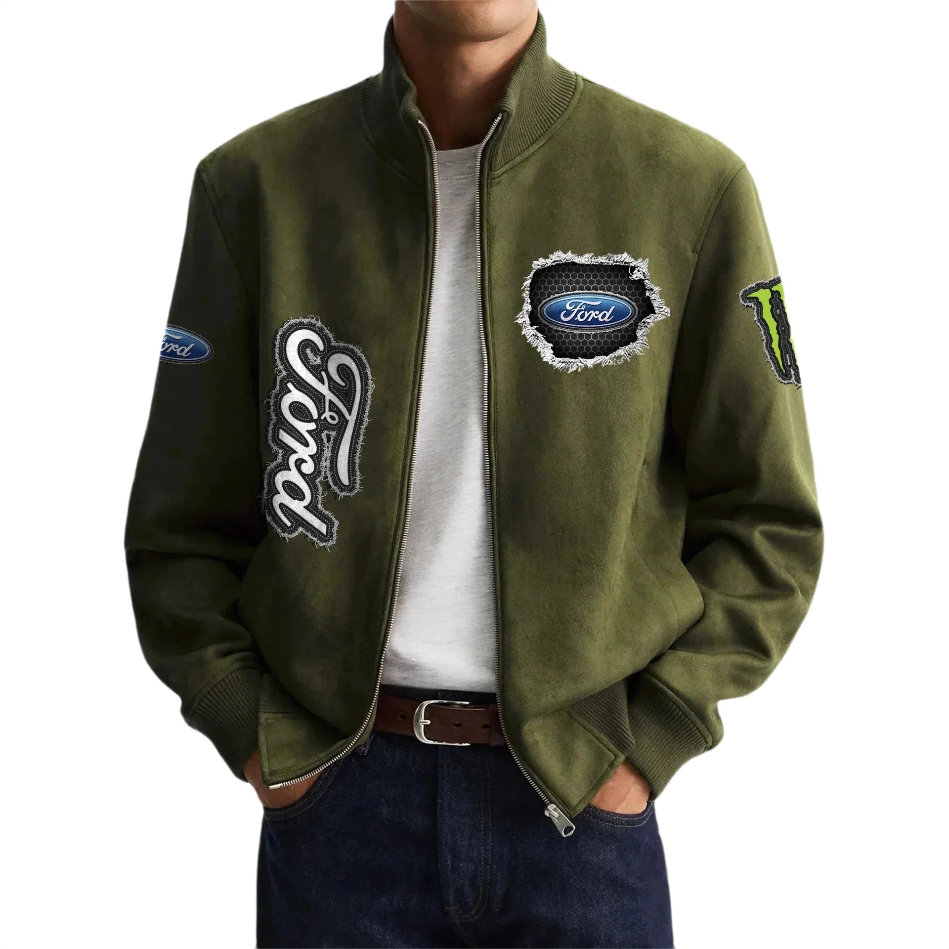 Ford Men's Suede Bomber Jackets Stand Collar Long Sleeve Dressy Pockets Ford Men's Suede Bomber Jackets Stand Collar Long Sleeve Dressy Pockets