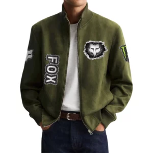 Fox Racing Men's Suede Bomber Jackets Stand Collar Long Sleeve Dressy Pockets