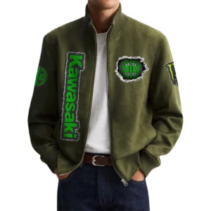 Kawasaki Men's Suede Bomber Jackets Stand Collar Long Sleeve Dressy Pockets