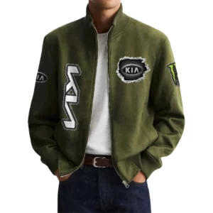 KIA Car Men's Suede Bomber Jackets Stand Collar Long Sleeve Dressy Pockets