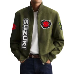 Suzuki motorcycles Men's Suede Bomber Jackets Stand Collar Long Sleeve Dressy Pockets
