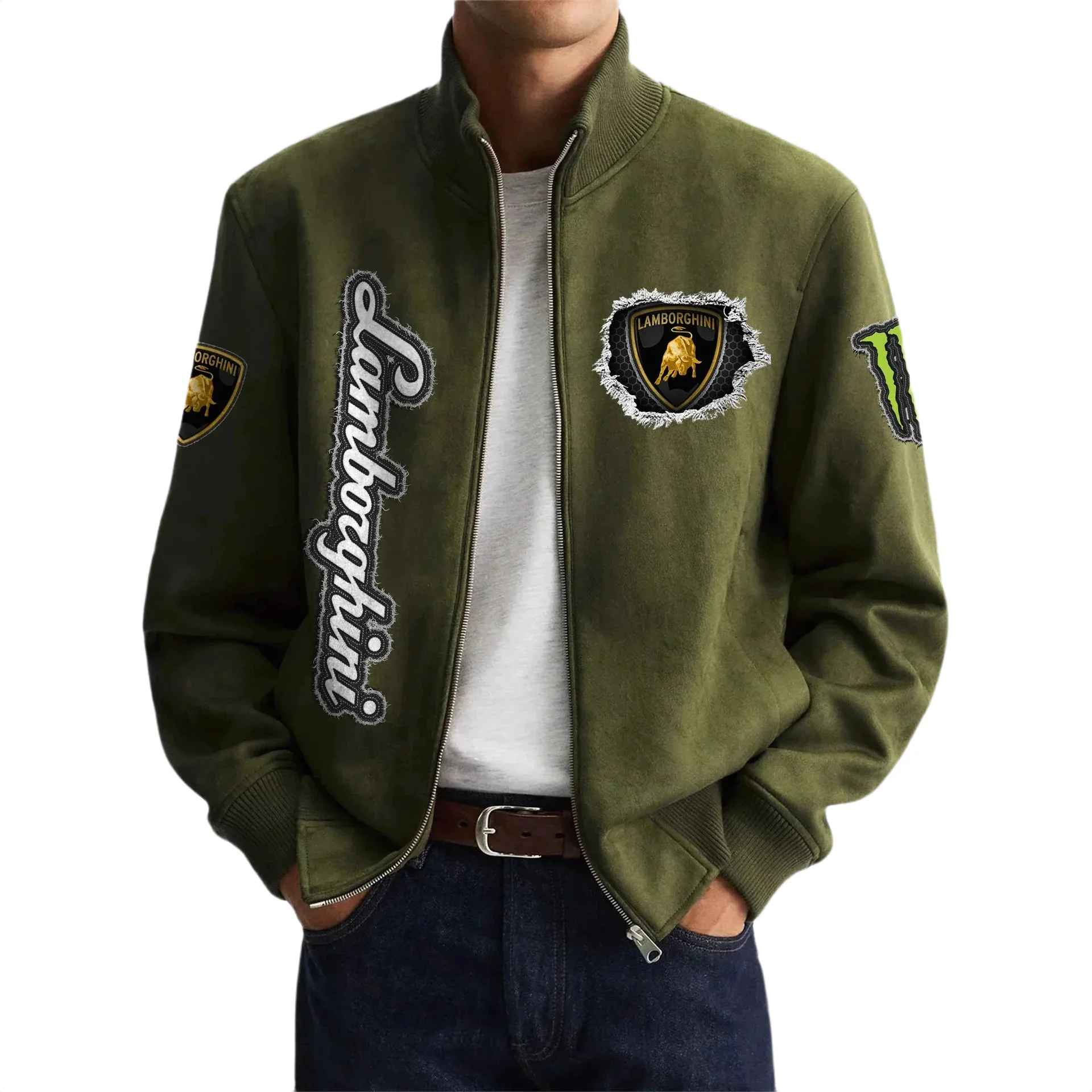 Lamborghini Men's Suede Bomber Jackets Stand Collar Long Sleeve Dressy Pockets Lamborghini Men's Suede Bomber Jackets Stand Collar Long Sleeve Dressy Pockets
