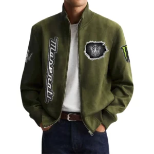 Maserati Men's Suede Bomber Jackets Stand Collar Long Sleeve Dressy Pockets