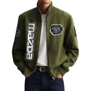 Mazda Men's Suede Bomber Jackets Stand Collar Long Sleeve Dressy Pockets