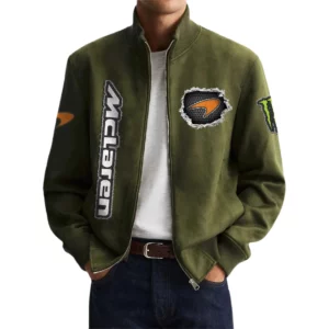 McLaren Men's Suede Bomber Jackets Stand Collar Long Sleeve Dressy Pockets
