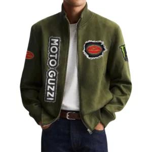 Moto Guzzi Men's Suede Bomber Jackets Stand Collar Long Sleeve Dressy Pockets