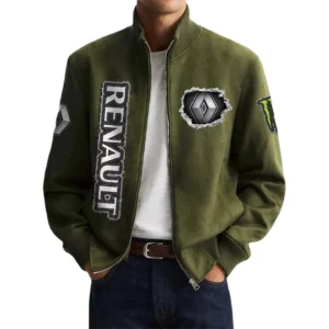 Renault Men's Suede Bomber Jackets Stand Collar Long Sleeve Dressy Pockets