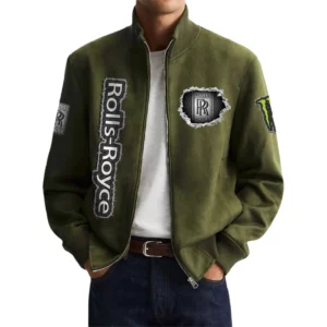 Rolls Royce Men's Suede Bomber Jackets Stand Collar Long Sleeve Dressy Pockets