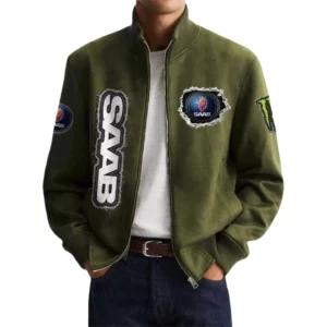 Saab Men's Suede Bomber Jackets Stand Collar Long Sleeve Dressy Pockets
