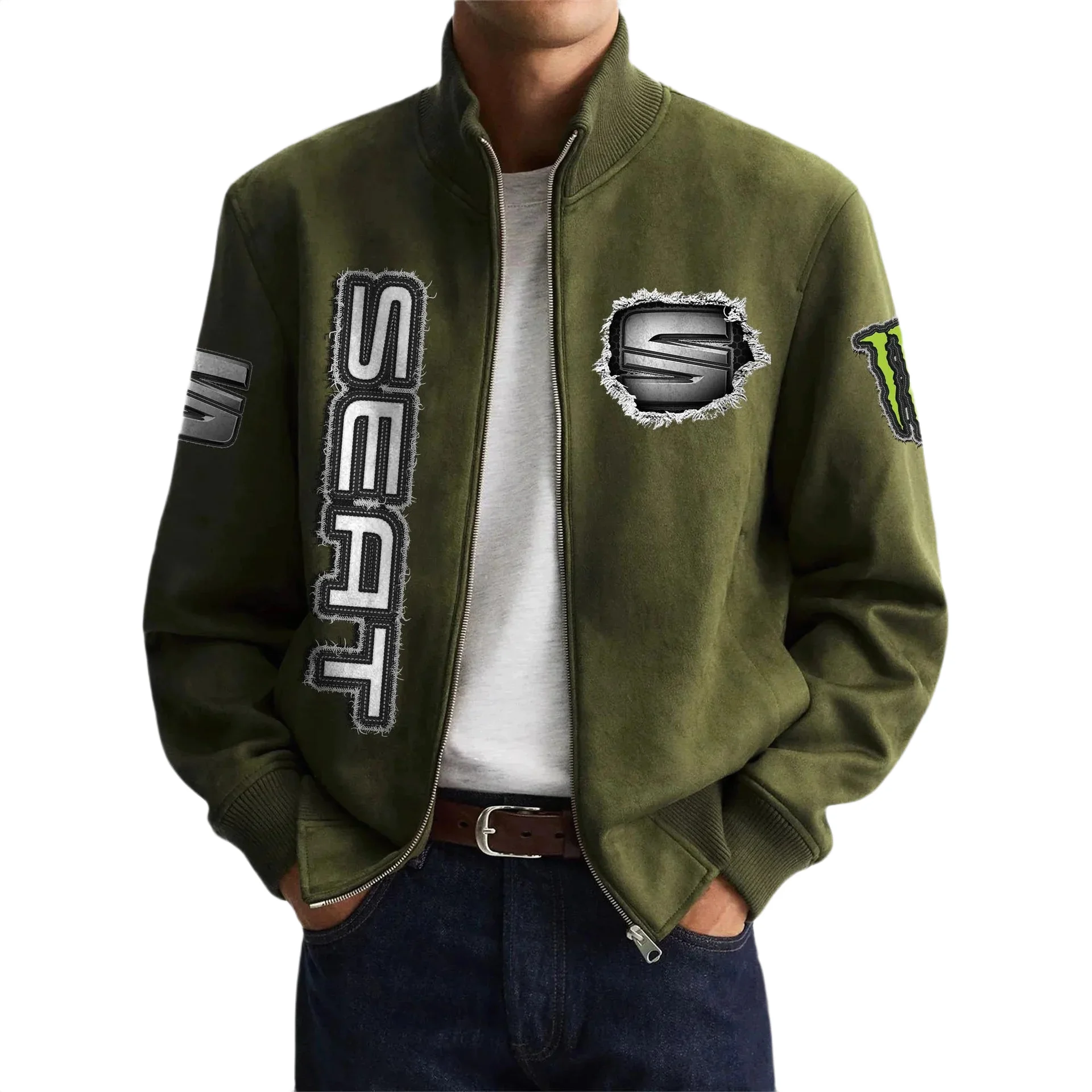 Seat Men's Suede Bomber Jackets Stand Collar Long Sleeve Dressy Pockets Seat Men's Suede Bomber Jackets Stand Collar Long Sleeve Dressy Pockets