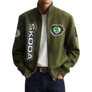 Skoda Men's Suede Bomber Jackets Stand Collar Long Sleeve Dressy Pockets