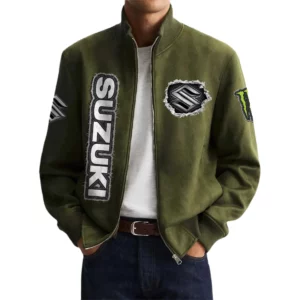 Suzuki Men's Suede Bomber Jackets Stand Collar Long Sleeve Dressy Pockets
