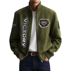 Victory Motorcycles Men's Suede Bomber Jackets Stand Collar Long Sleeve Dressy Pockets