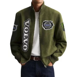 Volvo Men's Suede Bomber Jackets Stand Collar Long Sleeve Dressy Pockets