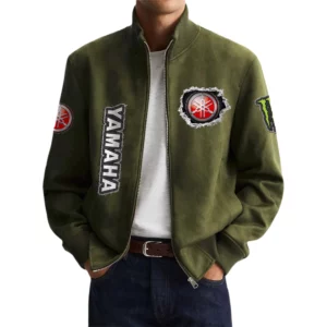 Yamaha Motor Men's Suede Bomber Jackets Stand Collar Long Sleeve Dressy Pockets