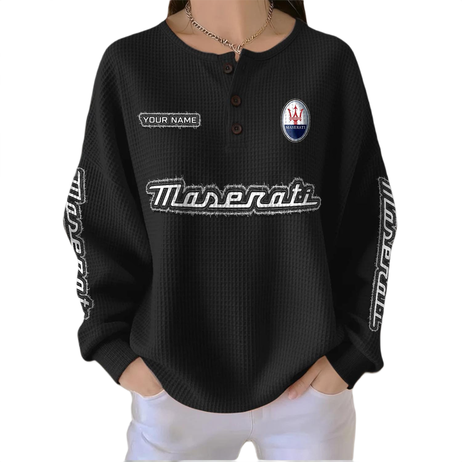 Maserati Women’s Waffle Knit Button V-Neck Sweater Custom Name Maserati Women’s Waffle Knit Button V-Neck Sweater Custom Name