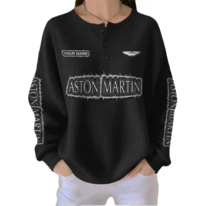 Aston Martin Women’s Waffle Knit Button V-Neck Sweater Customize Name