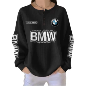BMW Women’s Waffle Knit Button V-Neck Sweater Customize Name