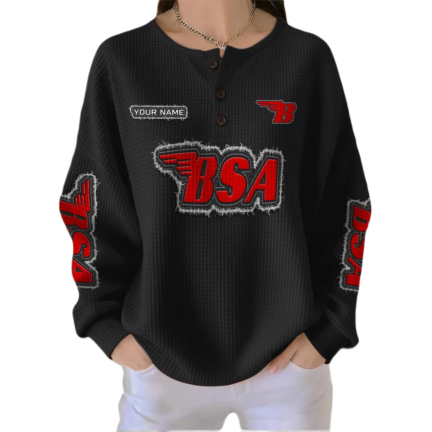 BSA Motorcycles Women’s Waffle Knit Button V-Neck Sweater Customize Name BSA Motorcycles Women’s Waffle Knit Button V-Neck Sweater Customize Name