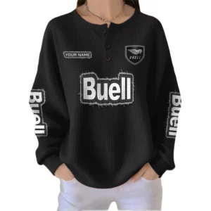 Buell Motorcycles Women’s Waffle Knit Button V-Neck Sweater Customize Name