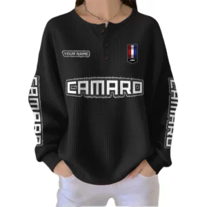 Camaro Women’s Waffle Knit Button V-Neck Sweater Customize Name