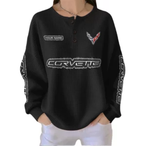 Corvette Women’s Waffle Knit Button V-Neck Sweater Customize Name