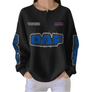 DAF Trucks Women’s Waffle Knit Button V-Neck Sweater Customize Name
