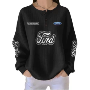 Ford Women’s Waffle Knit Button V-Neck Sweater Customize Name