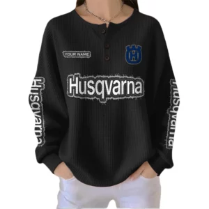 Husqvarna Motorcycles Women’s Waffle Knit Button V-Neck Sweater Customize Name
