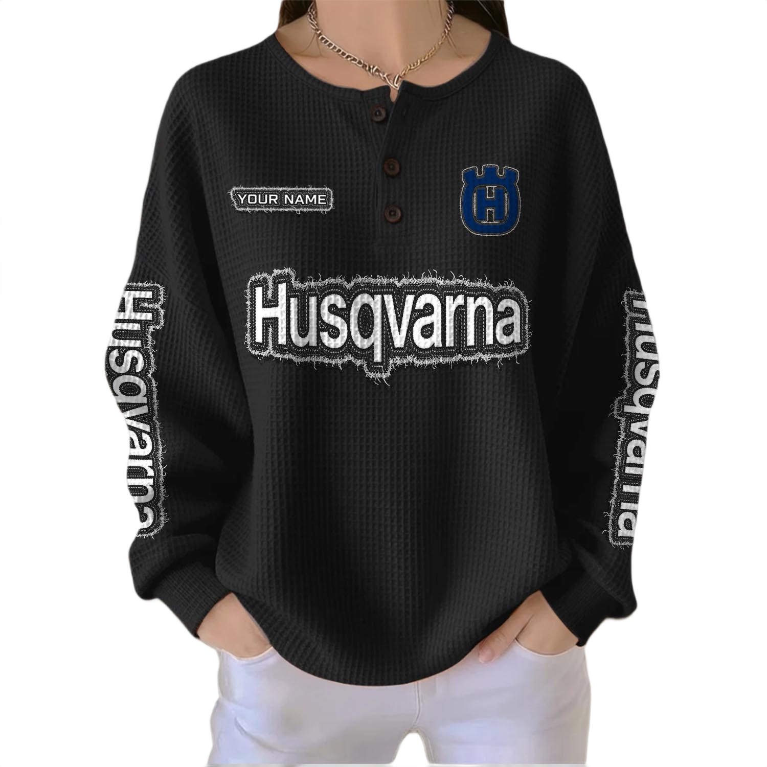 Husqvarna Motorcycles Women’s Waffle Knit Button V-Neck Sweater Customize Name Husqvarna Motorcycles Women’s Waffle Knit Button V-Neck Sweater Customize Name