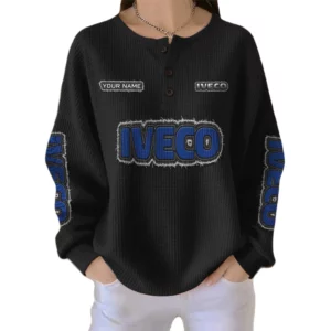 Iveco Women’s Waffle Knit Button V-Neck Sweater Customize Name