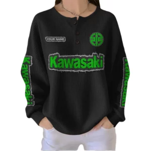 Kawasaki Women’s Waffle Knit Button V-Neck Sweater Customize Name
