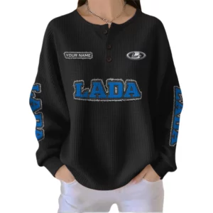 Lada Women’s Waffle Knit Button V-Neck Sweater Customize Name