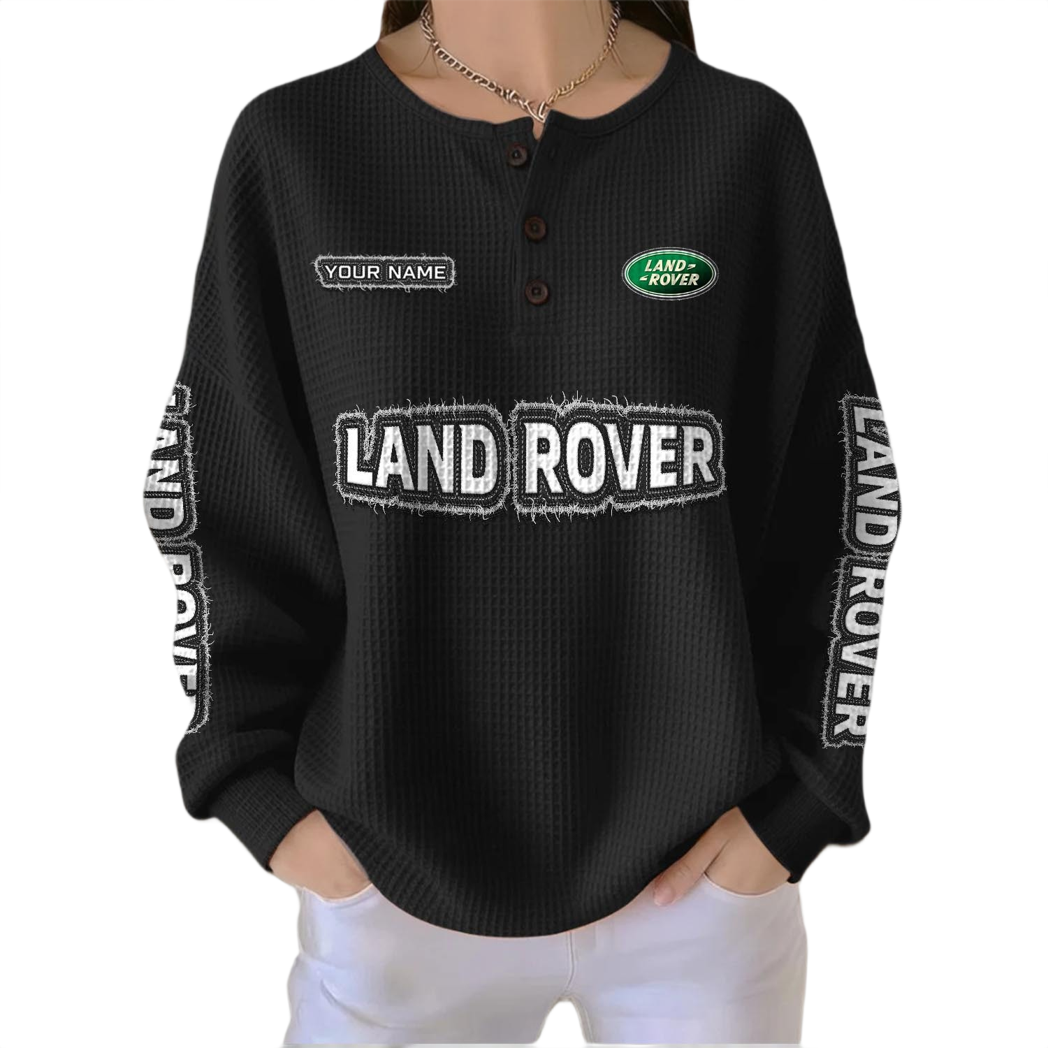 Land Rover Women’s Waffle Knit Button V-Neck Sweater Customize Name Land Rover Women’s Waffle Knit Button V-Neck Sweater Customize Name