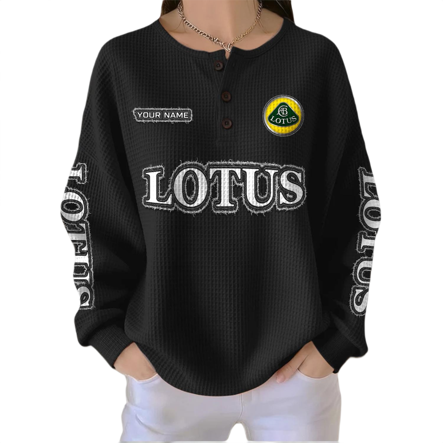 Lotus Car Women’s Waffle Knit Button V-Neck Sweater Customize Name Lotus Car Women’s Waffle Knit Button V-Neck Sweater Customize Name