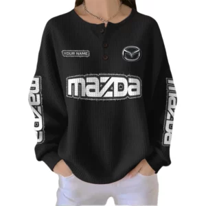 Mazda Women’s Waffle Knit Button V-Neck Sweater Customize Name
