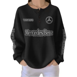 Mercedes Benz Women’s Waffle Knit Button V-Neck Sweater Customize Name