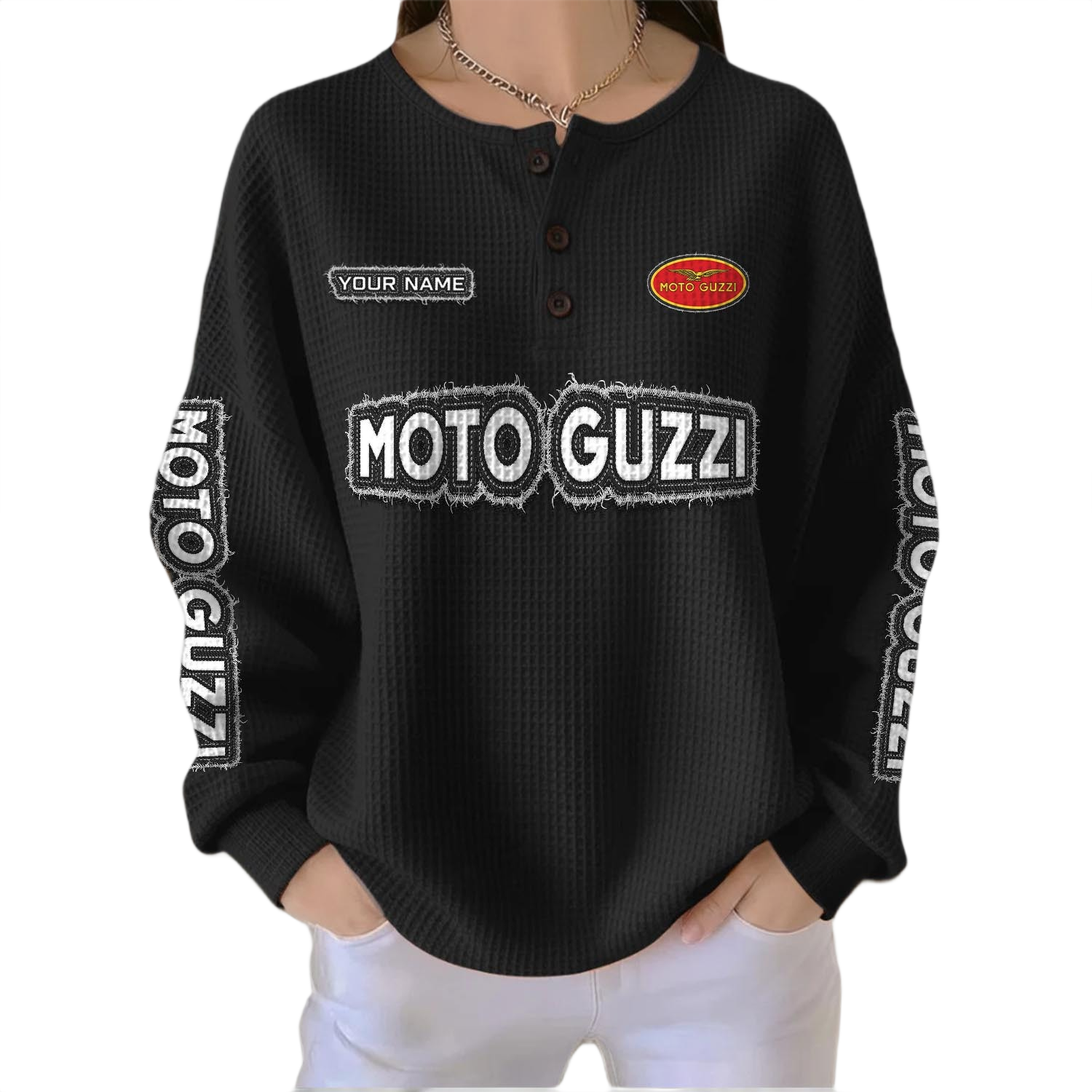 Moto Guzzi Women’s Waffle Knit Button V-Neck Sweater Customize Name Moto Guzzi Women’s Waffle Knit Button V-Neck Sweater Customize Name