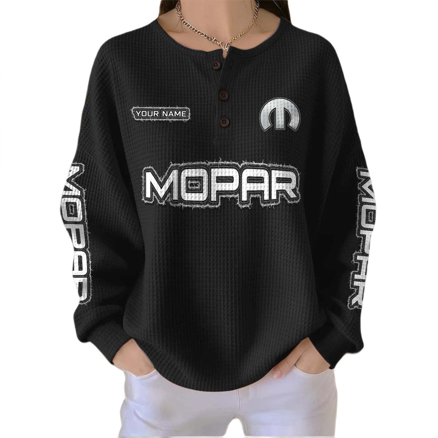 Mopar Women’s Waffle Knit Button V-Neck Sweater Customize Name Mopar Women’s Waffle Knit Button V-Neck Sweater Customize Name