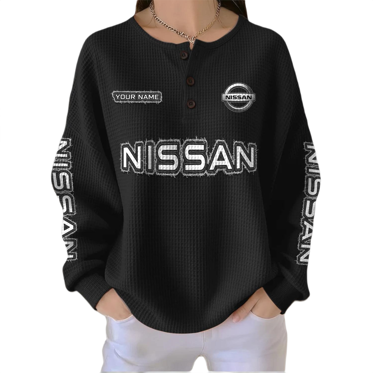 Nissan Women’s Waffle Knit Button V-Neck Sweater Customize Name Nissan Women’s Waffle Knit Button V-Neck Sweater Customize Name