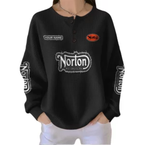Norton Motorcycles Women’s Waffle Knit Button V-Neck Sweater Customize Name