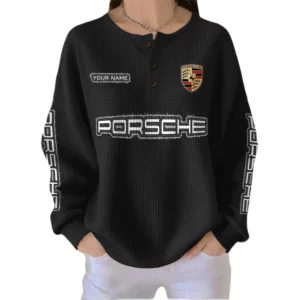 Porsche Women’s Waffle Knit Button V-Neck Sweater Customize Name