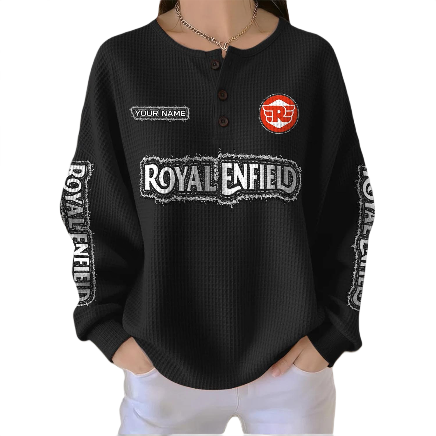 Royal Enfield Women’s Waffle Knit Button V-Neck Sweater Customize Name Royal Enfield Women’s Waffle Knit Button V-Neck Sweater Customize Name