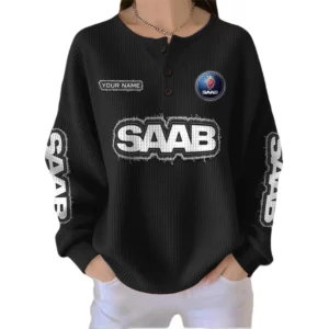 Saab Women’s Waffle Knit Button V-Neck Sweater Customize Name