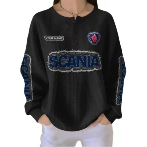 Scania Women’s Waffle Knit Button V-Neck Sweater Customize Name